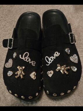 Black Studded Slip-On Clogs with Gold Teddy & Sparkle 'Love' Charms